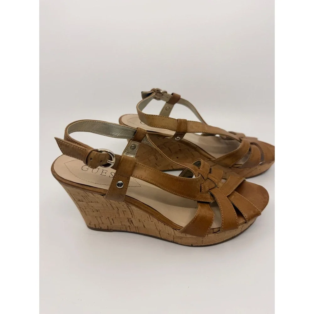 Guess WGKayce Womens Tan Brown Cork Platform Wedge Strappy Sandals Size 7M
